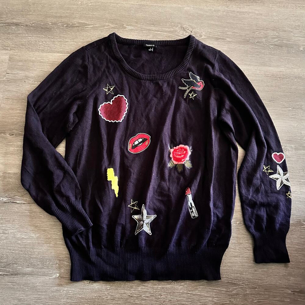 Torrid Sweater Black Embellished Patches Pullover Plus Size 1X